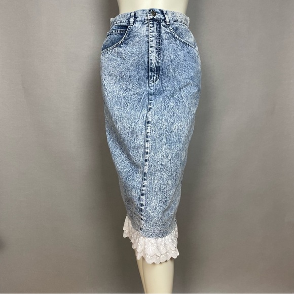 Vintage 80s Denim Skirt Lace Trim Acid Wash Retro Jean Skirt Pencil Cotton - Picture 13 of 16